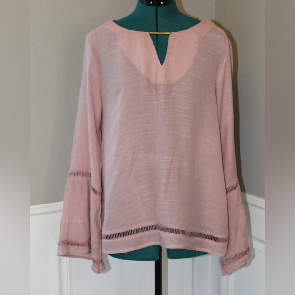 Harve Bernard Blush Pink Long Sleeve Boho Blouse Keyhole Neck Women’s Medium